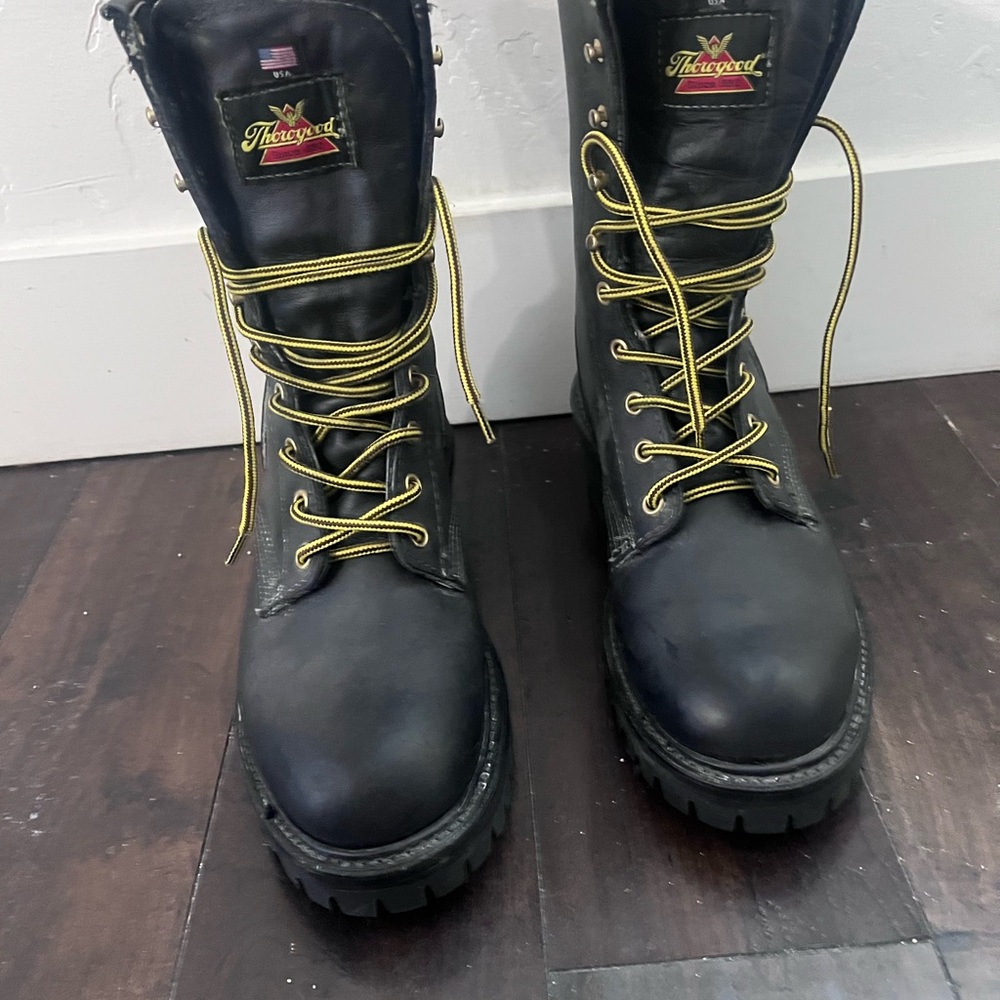 Thorogood 8" Steel Toe Black Leather Boots with Yellow Laces